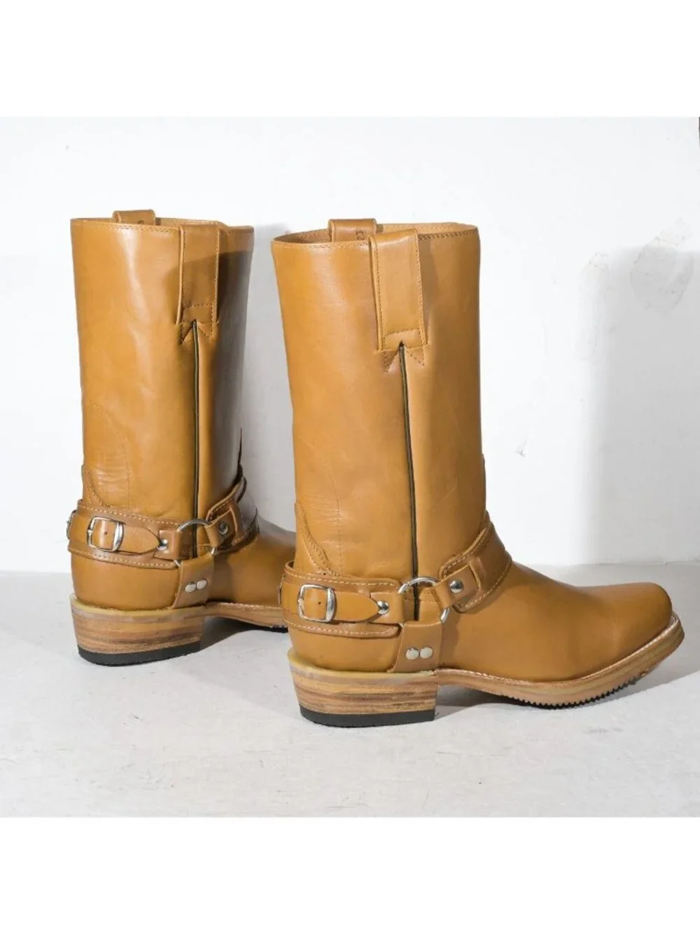 Vintage Tan Leather Harness Boots Square Toe Deadstock Men's Size 8 Joe Boots - Picture 3 of 6